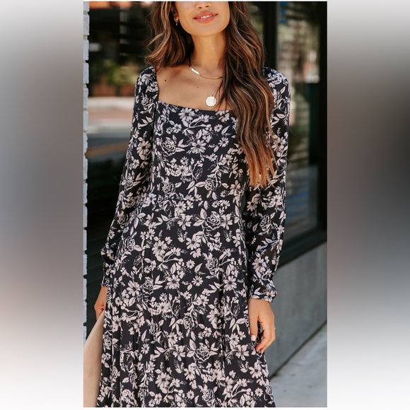 Midi Floral Long Sleeve Dress with Slit and Square Neckline • Small - Picture 2 of 11